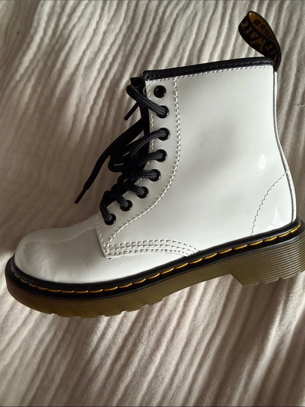 White Patent Dr. Martens Boot with Black Laces